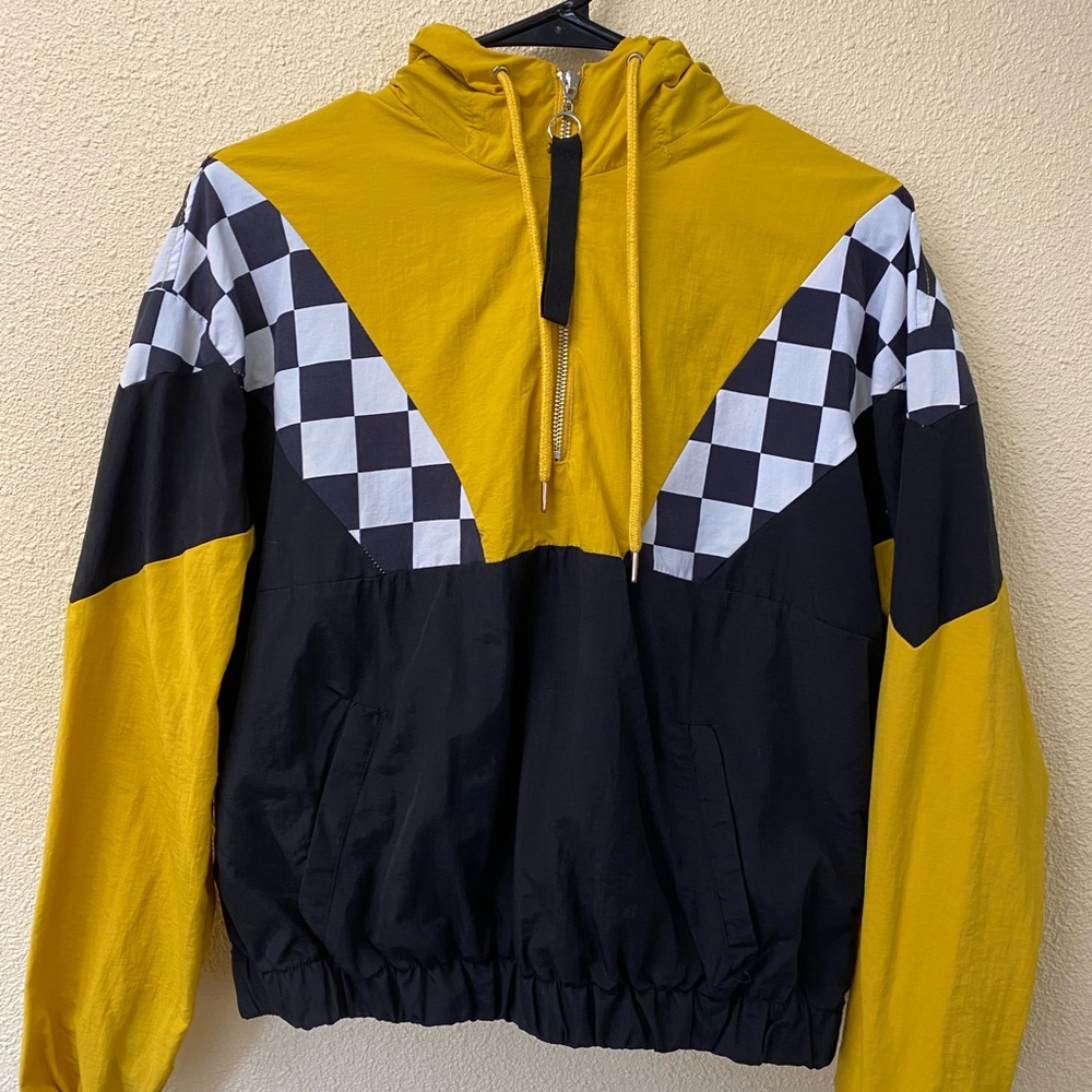 Black, Yellow and Checkered pull over jacket with hoodie.